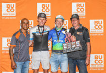 The final BUCO Dr Evil Classic podium featured Martin Schuttertt (second from right) and Matthew Leppan (second from left) while Zack van der Merwe (absent) moved up onto the podium after Siphe Ncapayi had a mechanical. Photo by Oakpics.com.